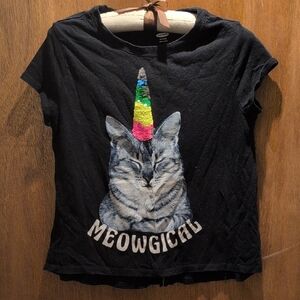 Old Navy Black Meowgical Cat Tee with Rainbow Sequin